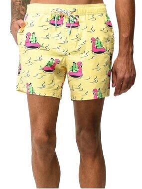 New Party Pants Mens Size Medium Yellow River Dino Short Stretch Swim 5" Trunks